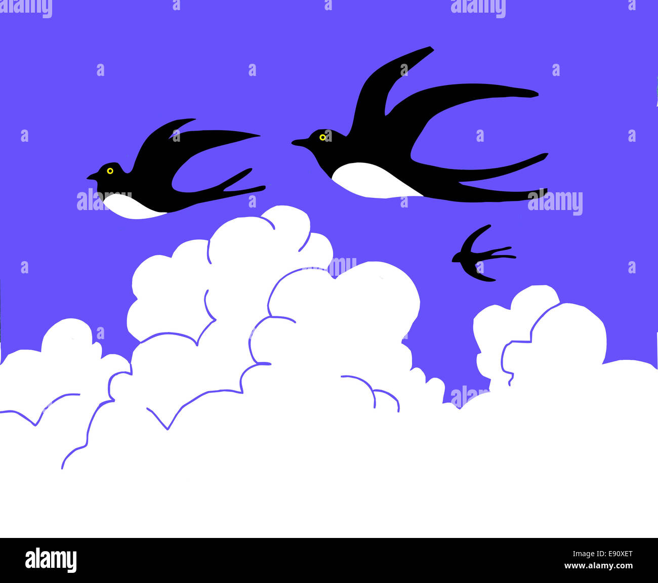 drawing swallow flying to cloudy sky Stock Photo