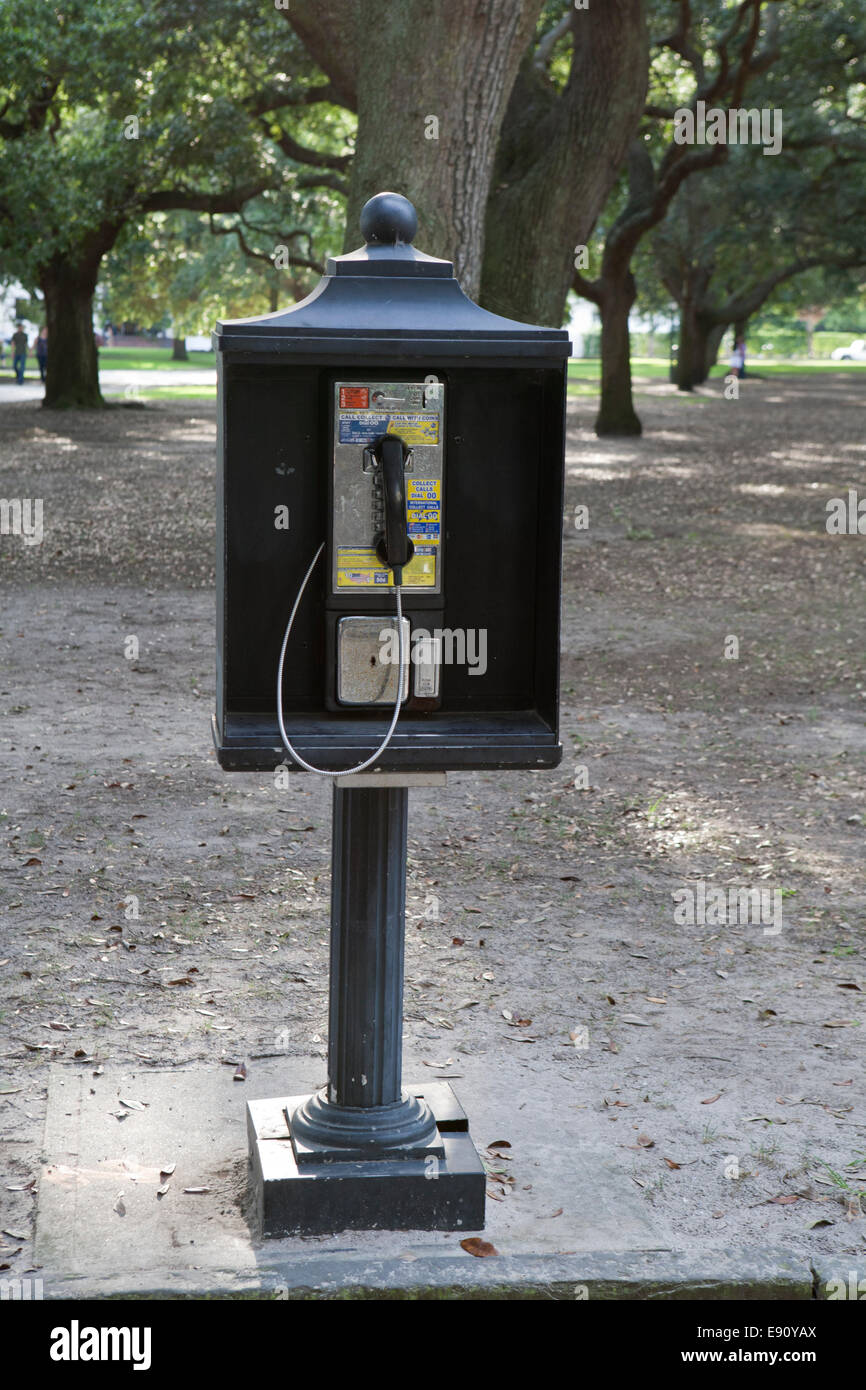 Pay phone in public park, Charleston, South Carolina. Stock Photo