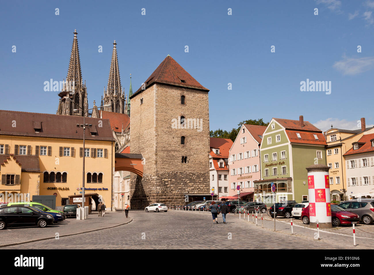 square Old corn market, Roman tower and the Regensburg Cathedral in Regensburg, Bavaria, Germany, Europe Stock Photo