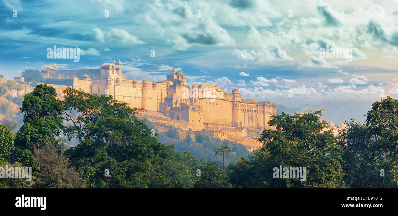 Indian landmarks - panorama with Amber fort. Jaipur city Stock Photo