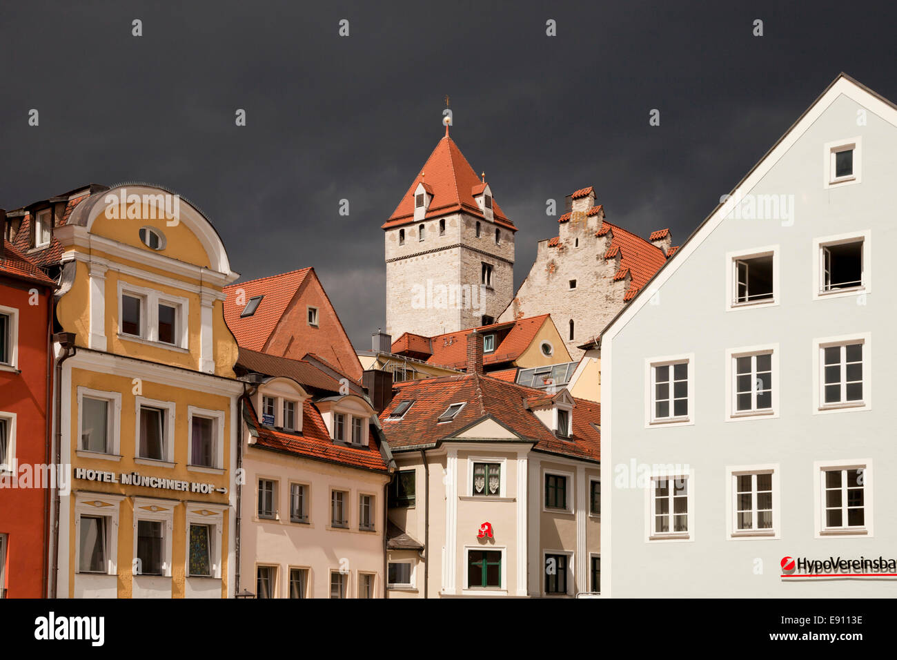 square Neupfarrplatz and Golden Tower in Regensburg, Bavaria, Germany, Europe Stock Photo