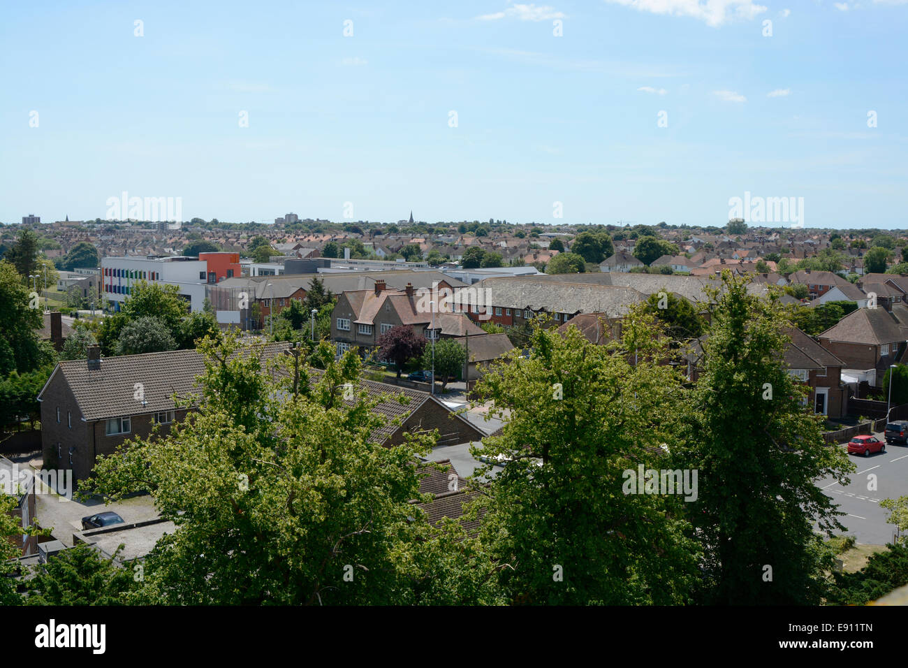 View over rooftops towards sea at Worthing. West Sussex. England. From tower of Saint Marys