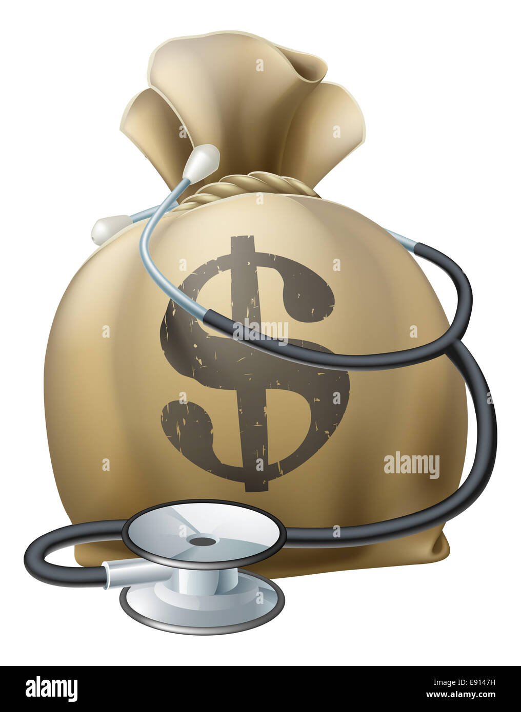 Money sack with a stethoscope wrapped around. Concept for any medical or finance theme like health insurance, financial health, Stock Photo