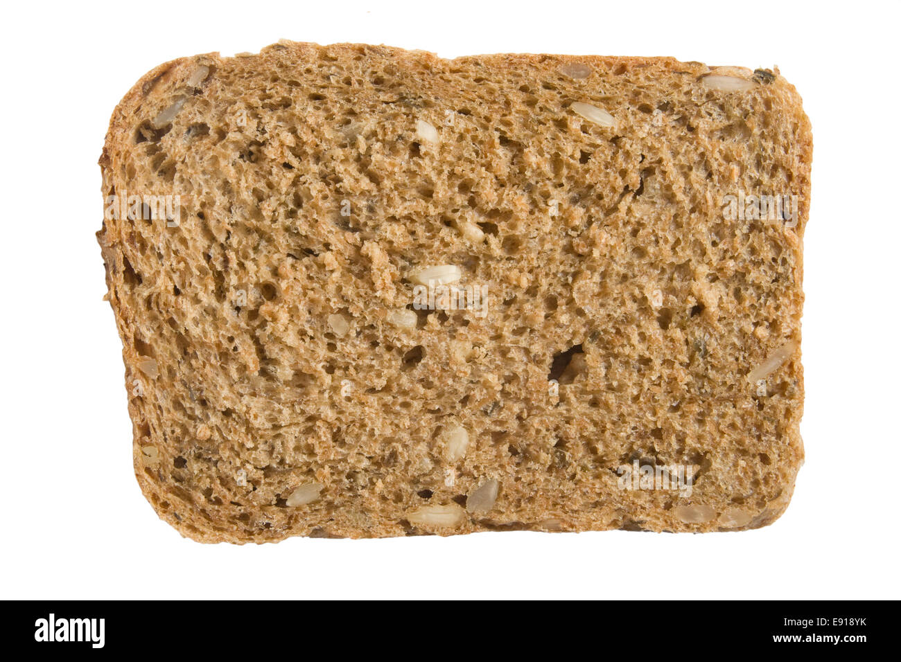Piece of 7-grain bread over white background Stock Photo