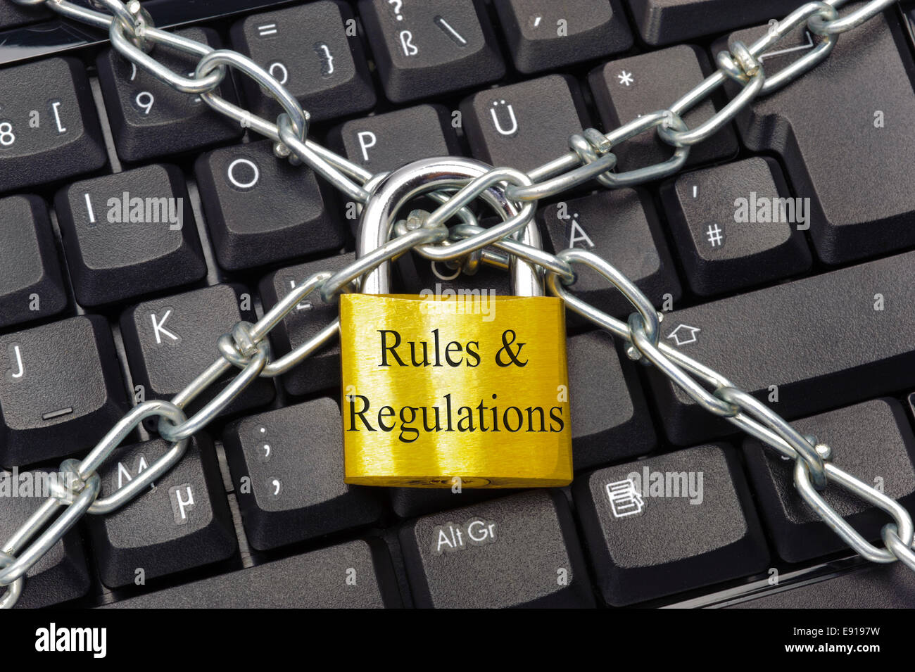 rules and regulations marked on padlock as symbol for protection in internet Stock Photo