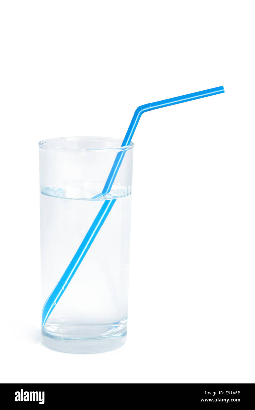 Water glass with a blue straw Stock Photo Alamy
