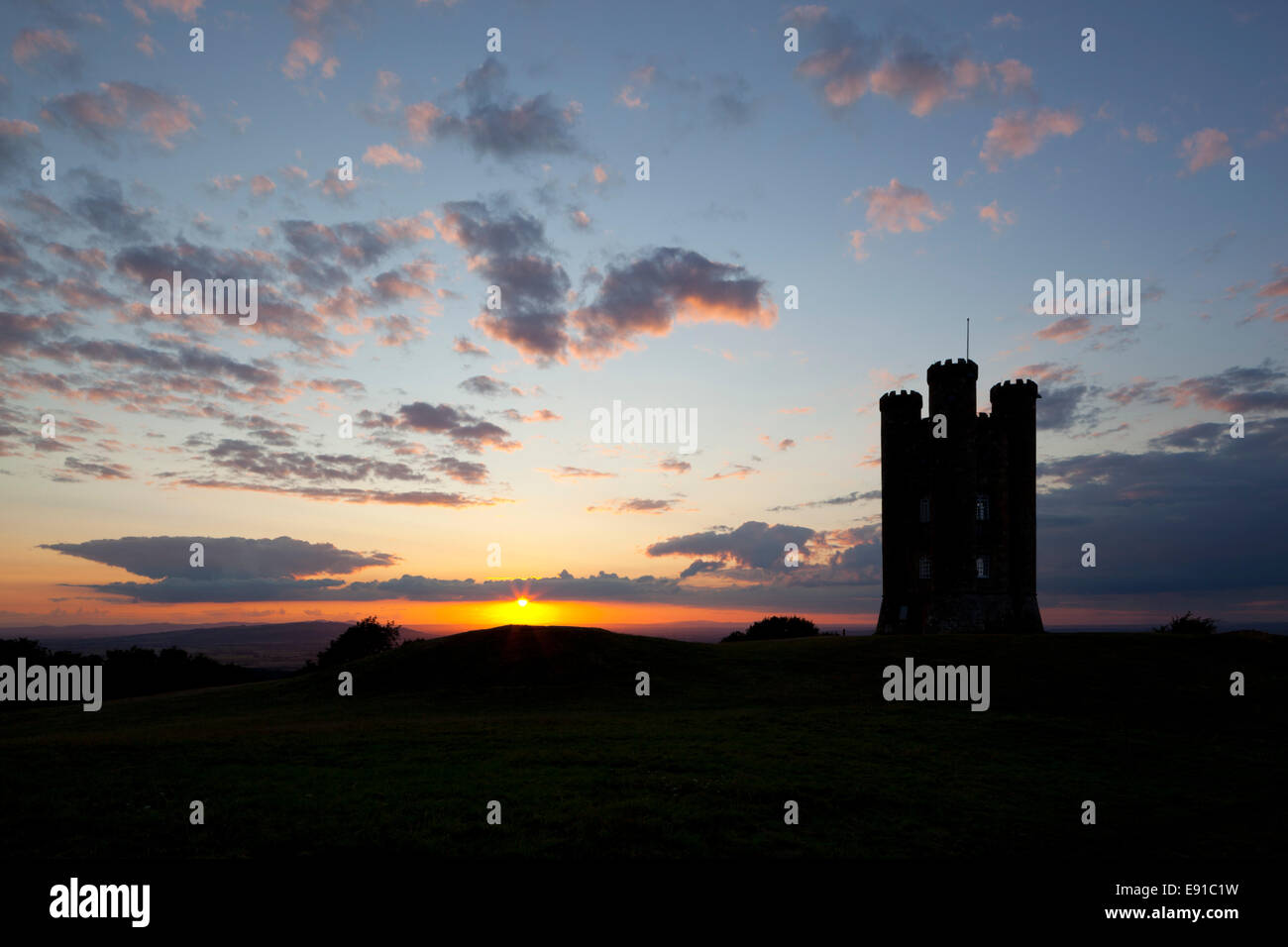 Broadway Tower silhouetted at sunset Stock Photo