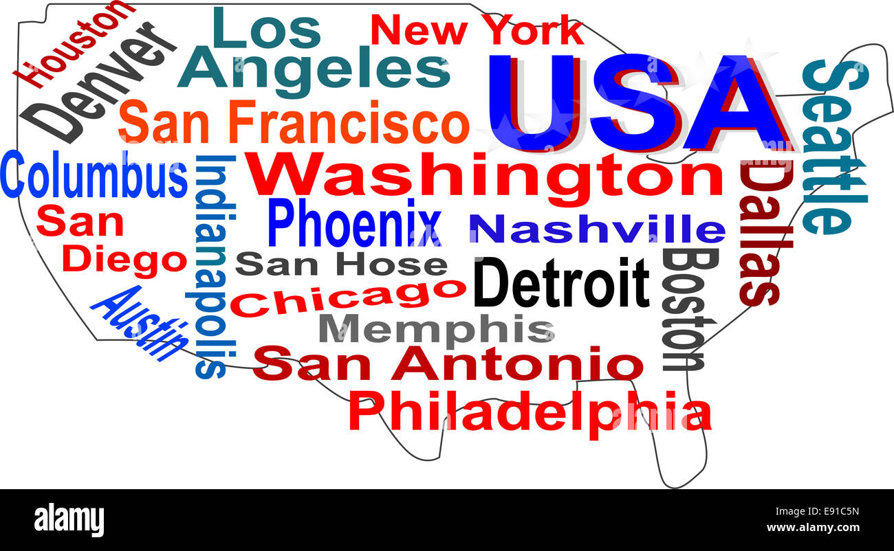 USA map and words cloud with larger cities Stock Photo