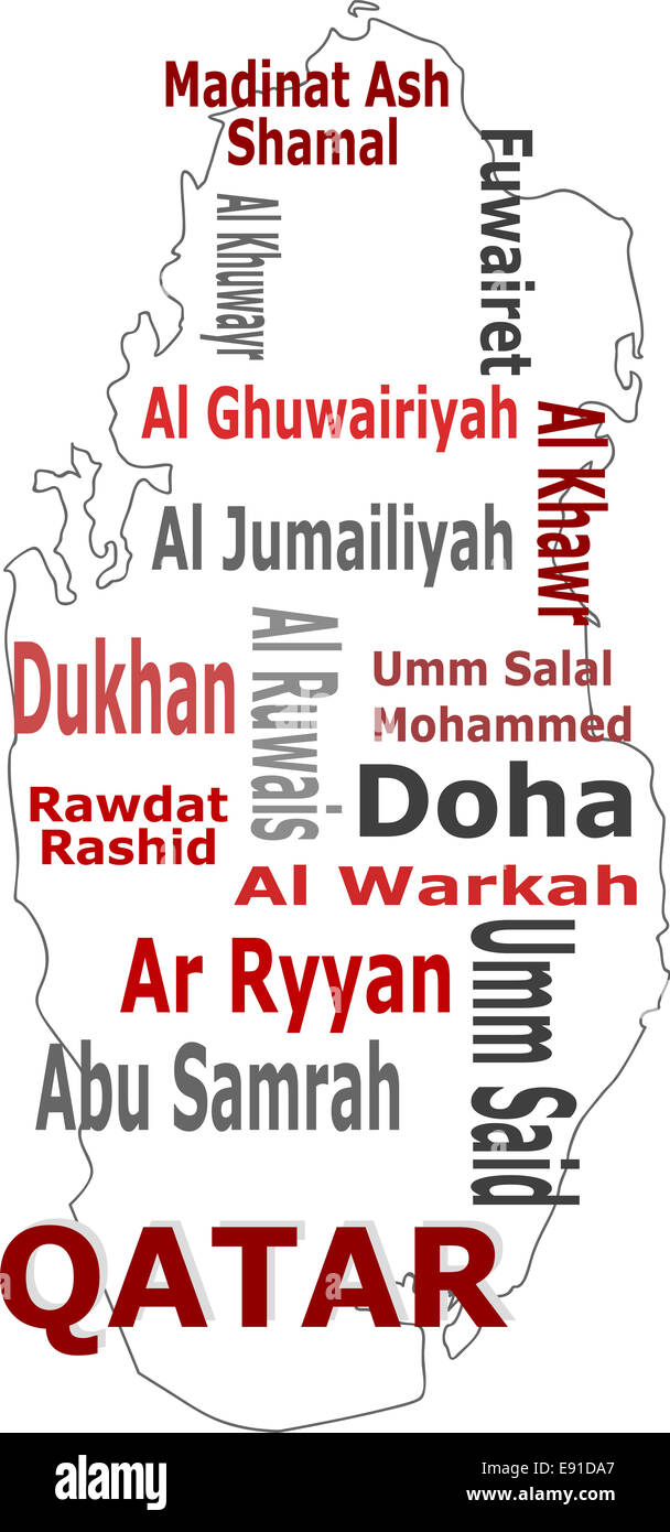qatar map words cloud with larger cities Stock Photo