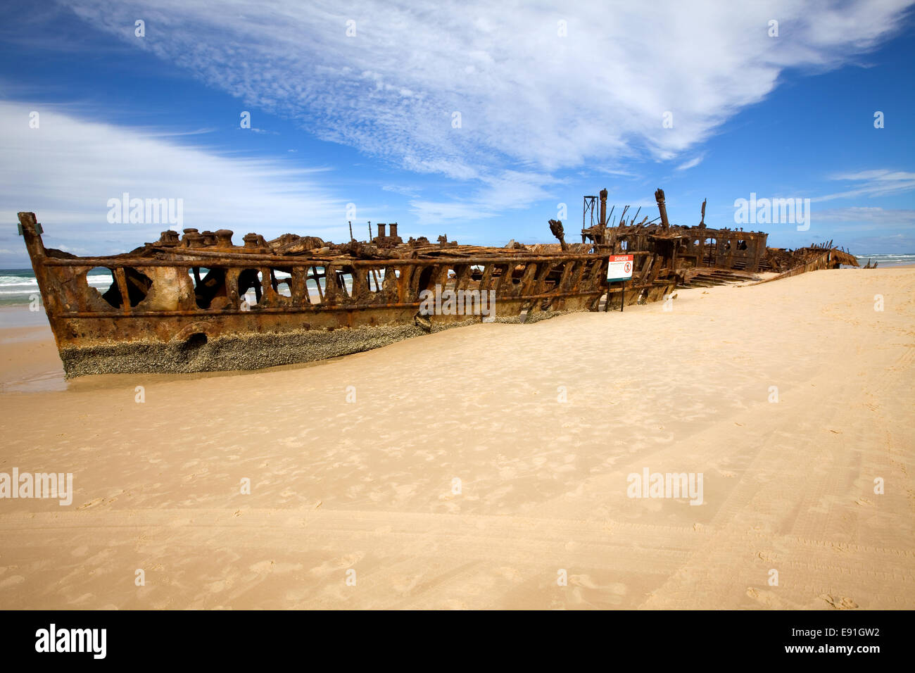 Ship wreck of the Maheno on the beach Stock Photo