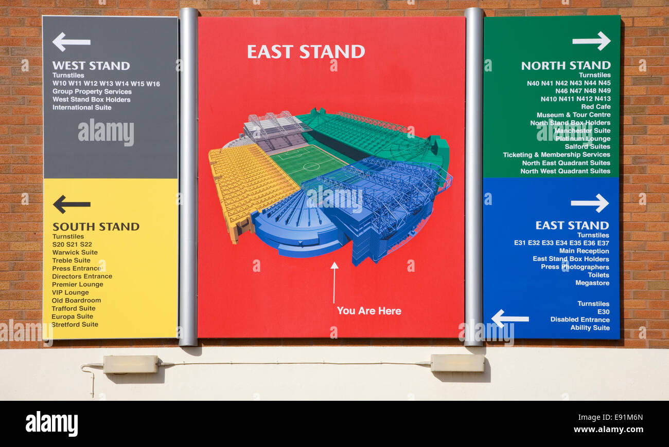 Old Trafford, Manchester, Greater Manchester, England. Colourful ground plan on wall of the Manchester United football stadium. Stock Photo