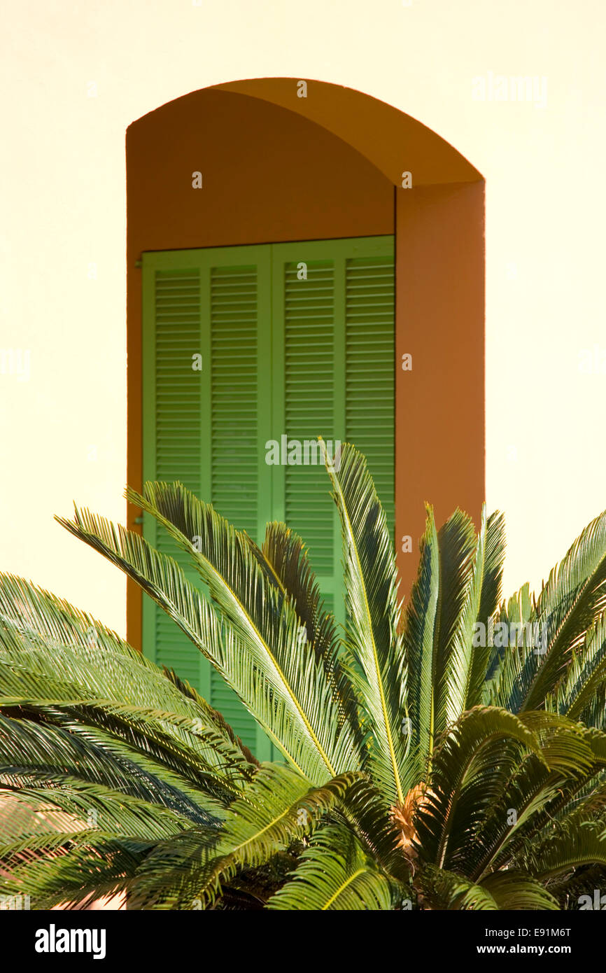 Colònia de Sant Pere, Mallorca, Balearic Islands, Spain. View through arch to green doors of modern apartment, palm prominent. Stock Photo