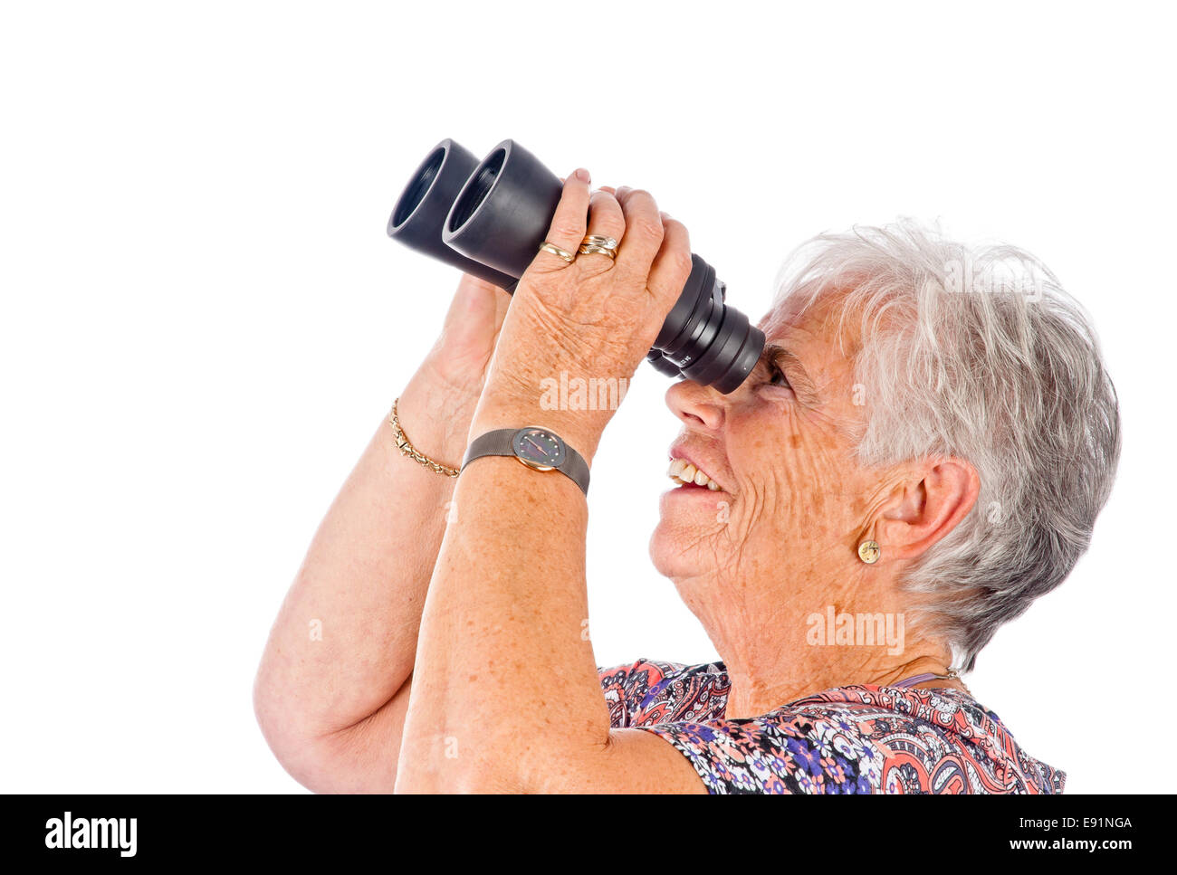 senior woman with binocular Stock Photo Alamy