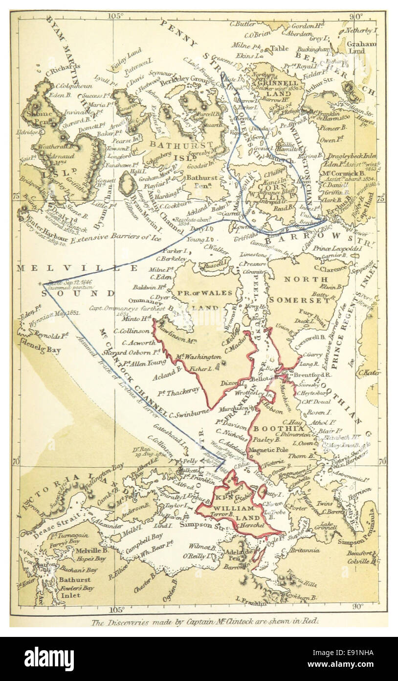 (1860) Map of the probable routes taken by HMS Erebus and HMS Terror during Franklin's lost expedition & results of McClintock's Arctic Expedition Stock Photo