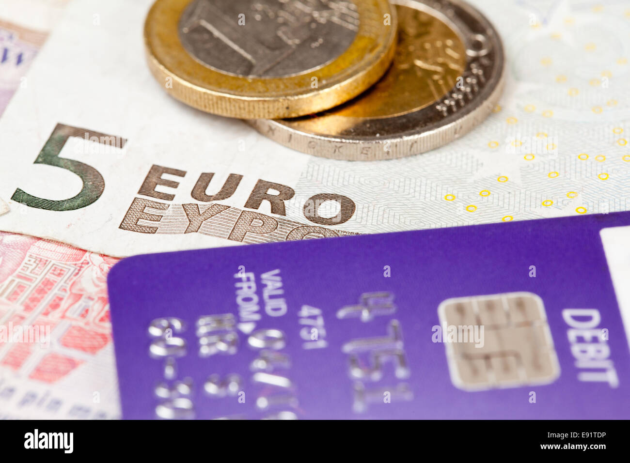 Focus on debit on card with euro Stock Photo