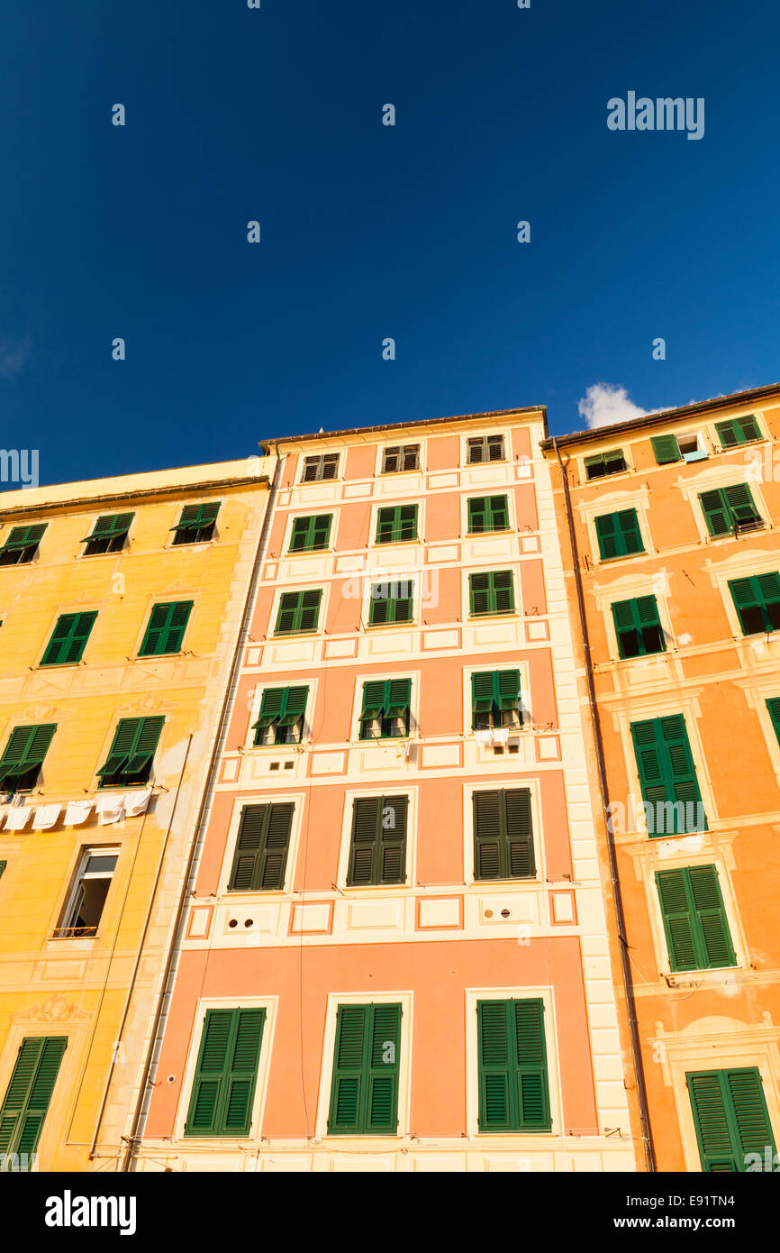 Colourful building facades in evening light at Camogli, Liguria, Italy. Stock Photo