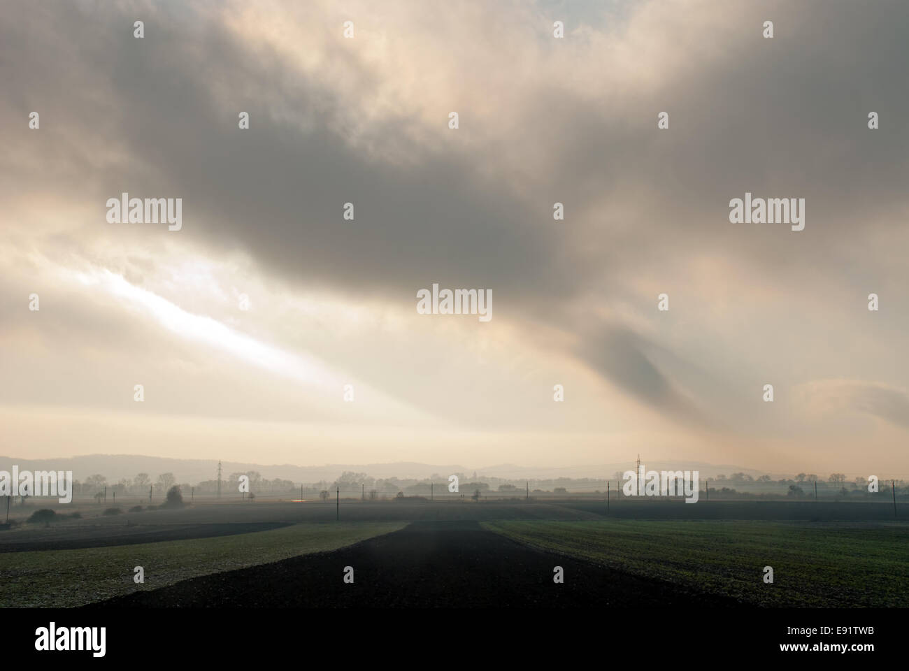 Landscape with hills in the morning vapor Stock Photo