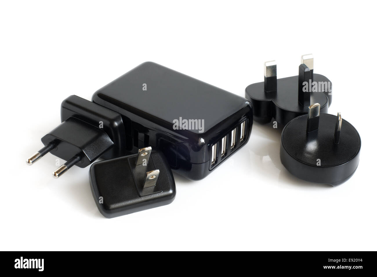 Black electrical adapters to USB port Stock Photo