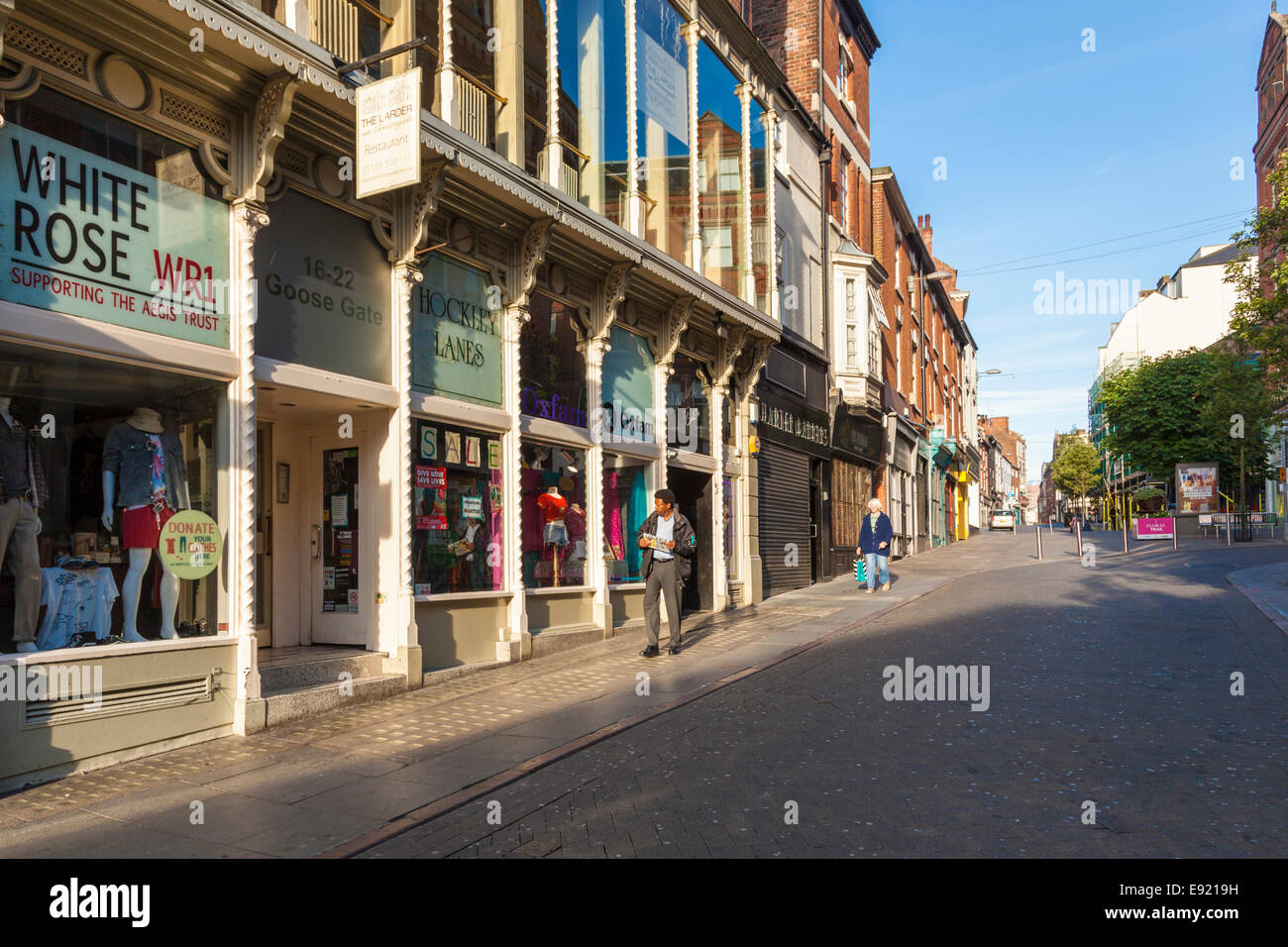 Shops, early morning in Summer, on Goose Gate in Hockley, Nottingham, England, UK Stock Photo