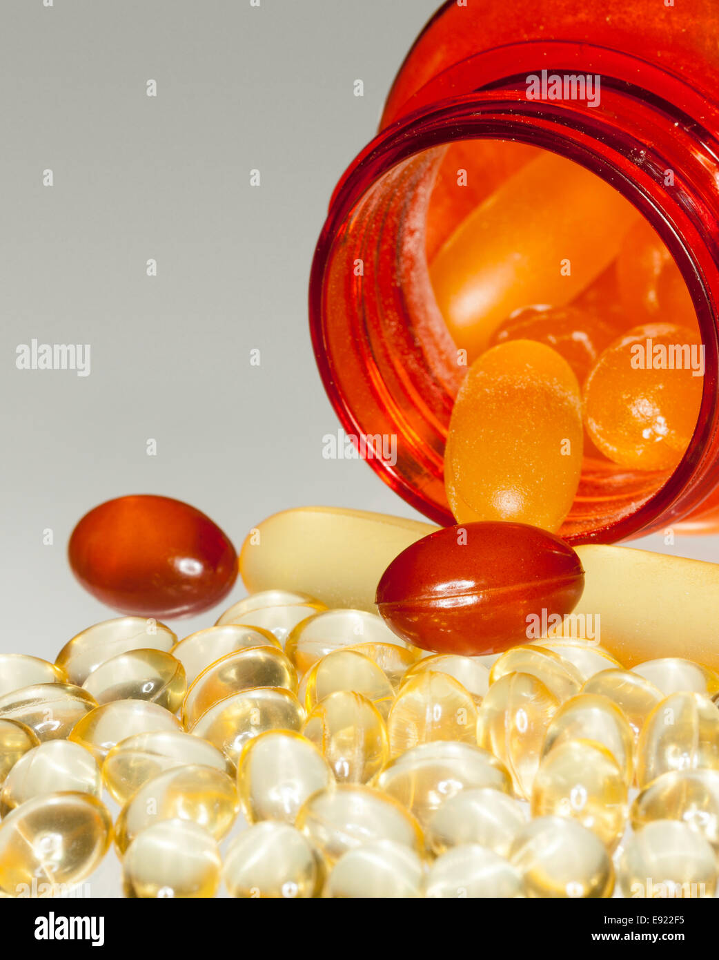 Macro of fish oil capsules in RX bottle Stock Photo