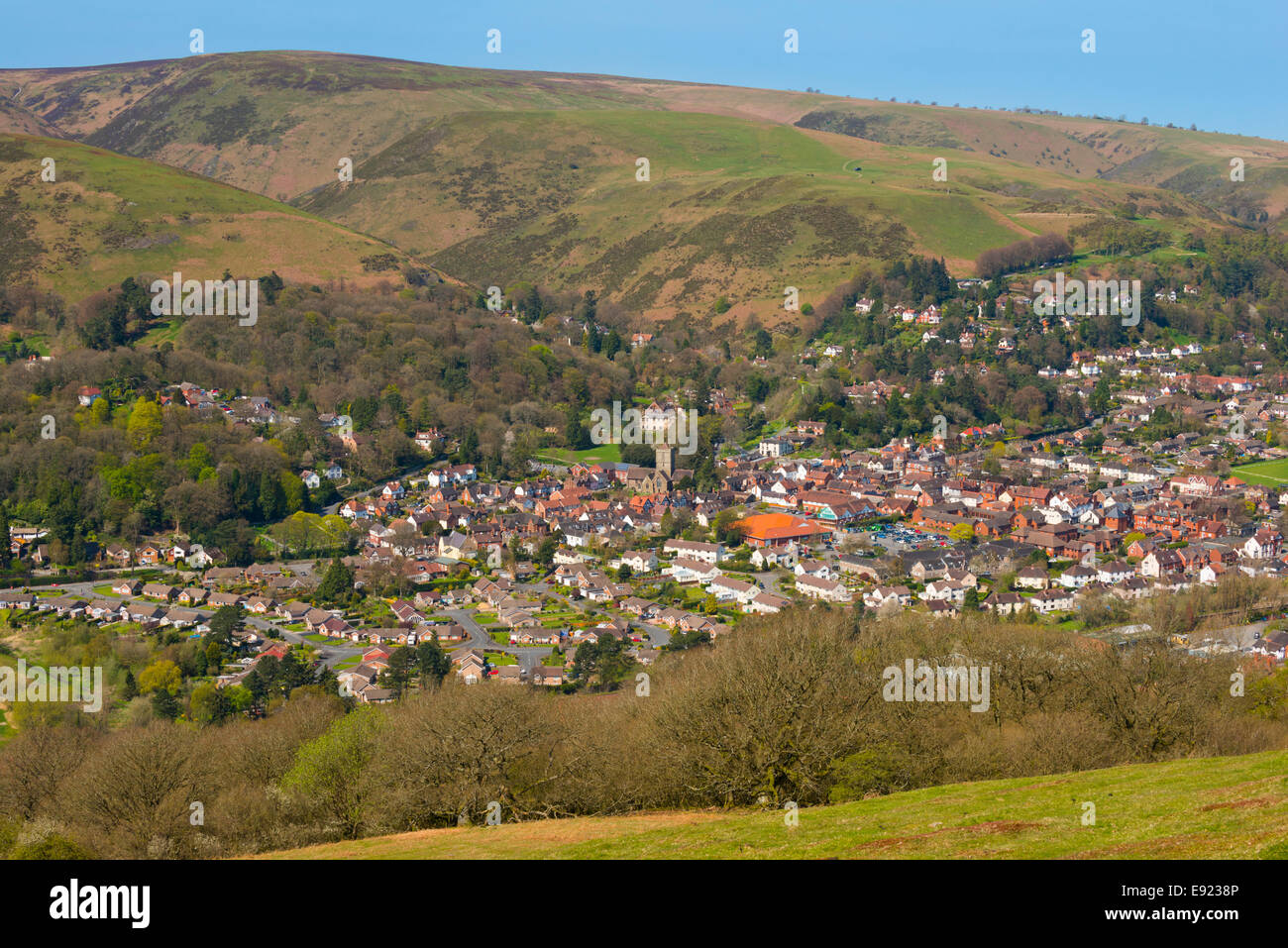 The town of Church Stretton and the Long Mynd in Shropshire, England