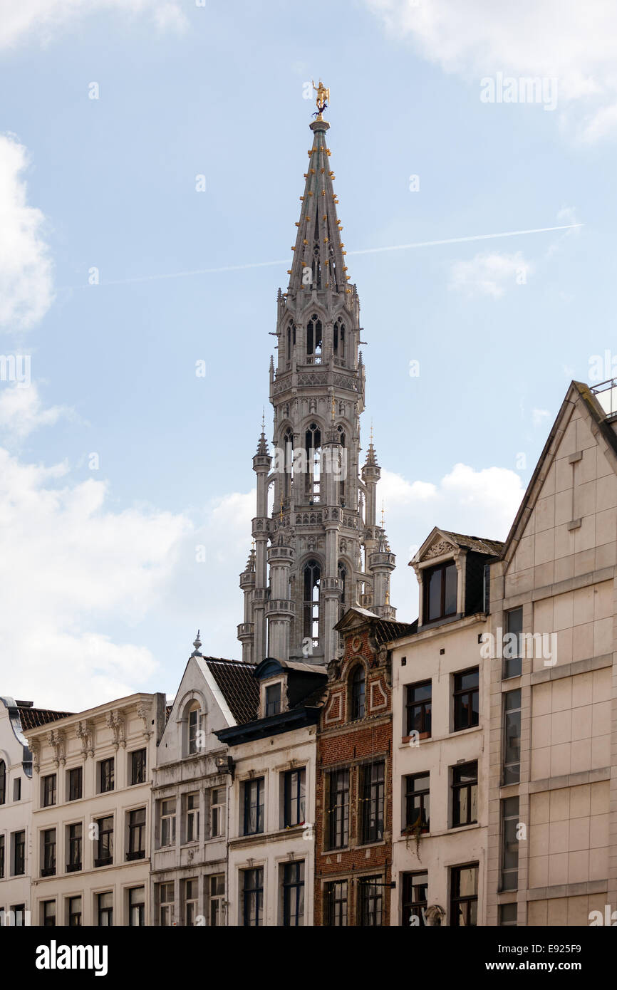 Brussels City Hall tower over buildings Stock Photo - Alamy