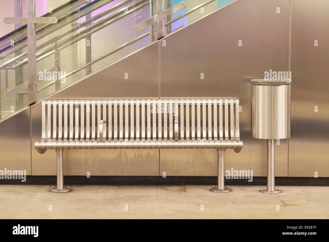 Bench And Rubbish Bin On The Platform Of An Empty Modern Metro