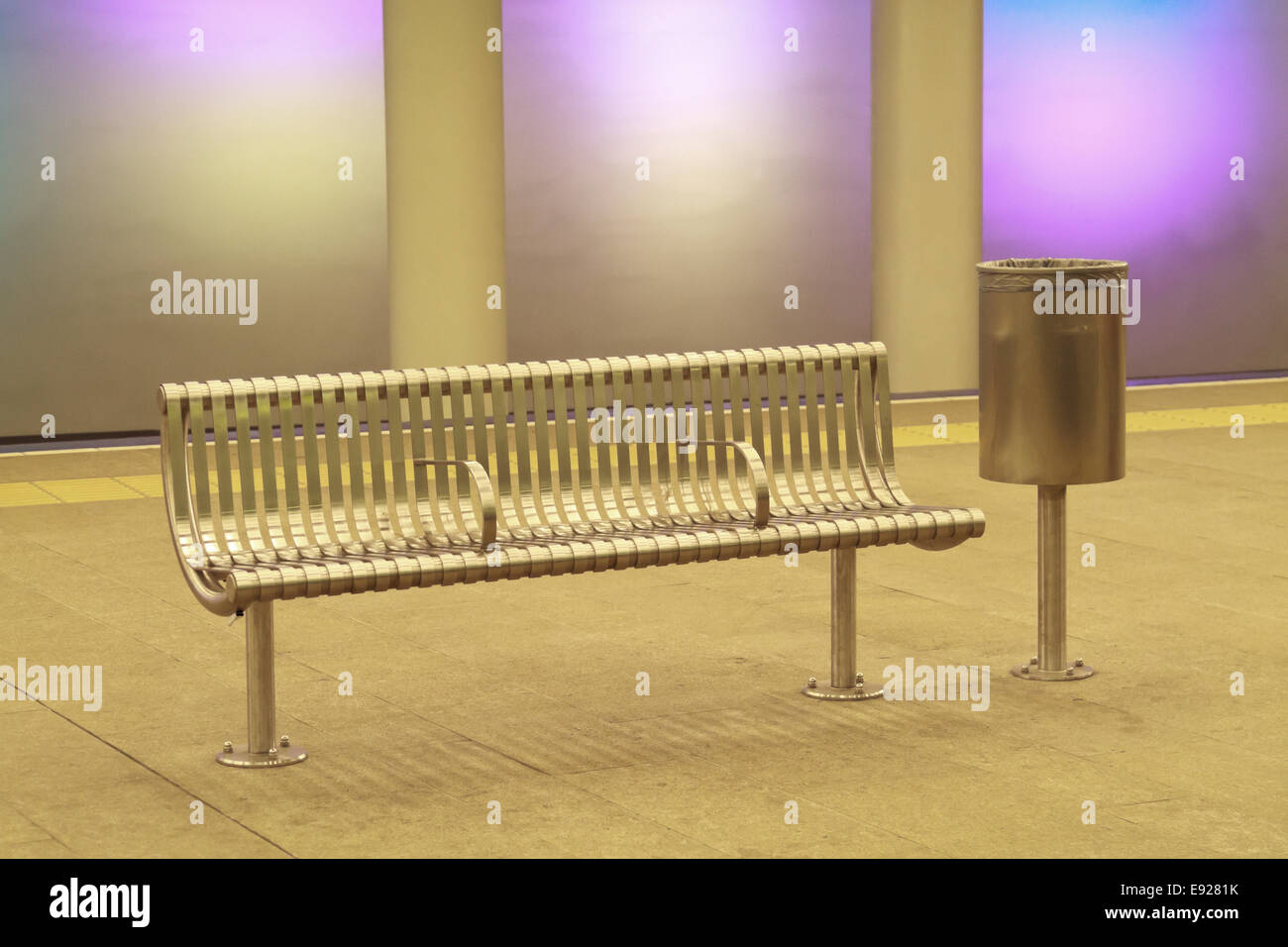 Bench And Rubbish Bin On The Platform Of An Empty Modern Metro