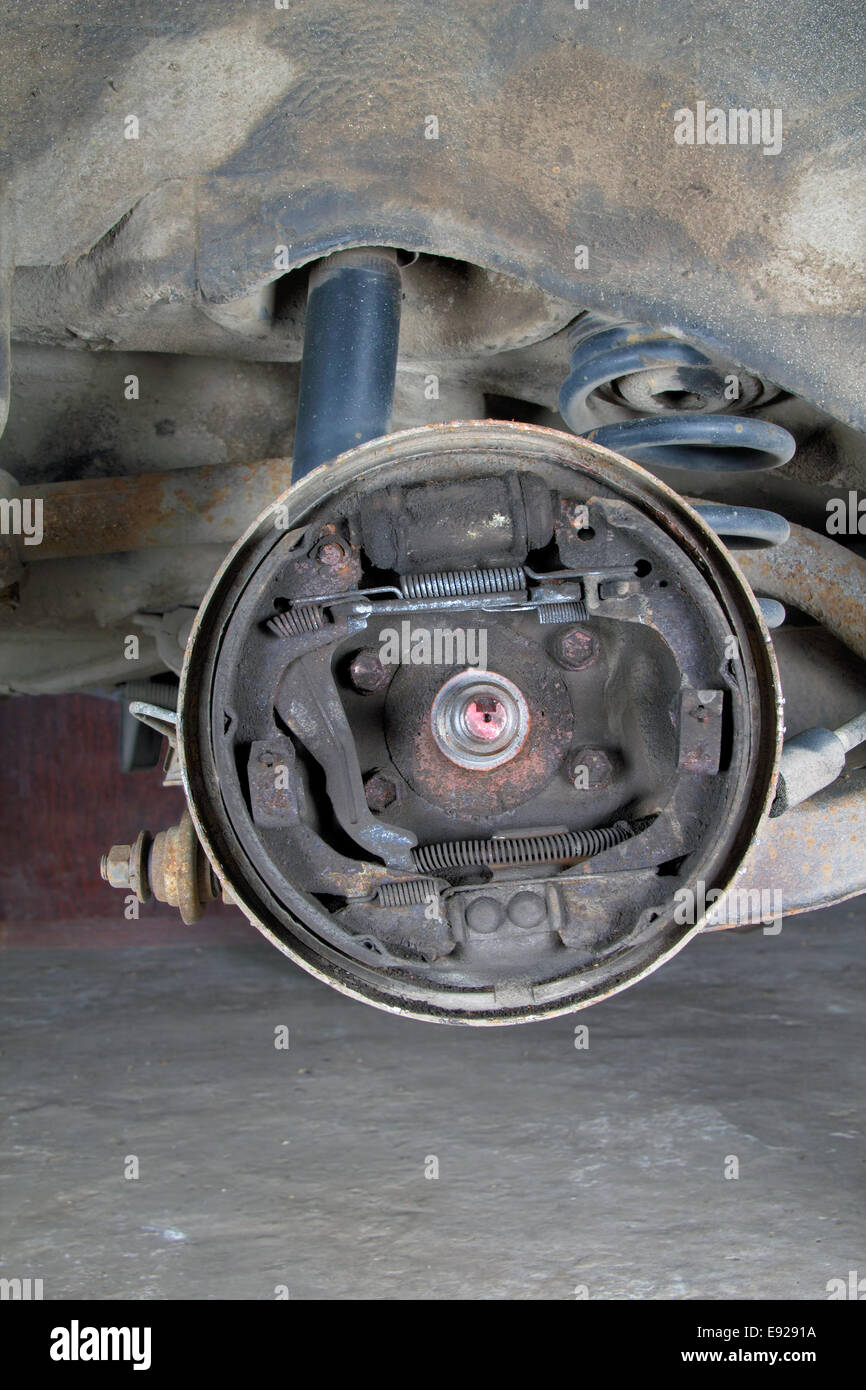 Old brake pads and cylinder brake drum Stock Photo Alamy