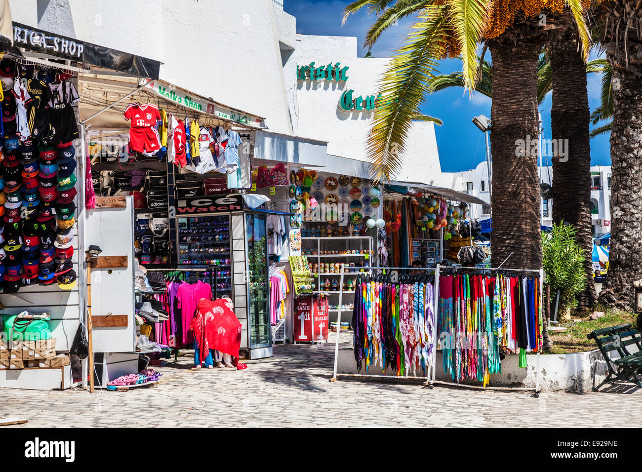 Tunisian tourist souvenir shops in Port el Kantoui in Tunisia. Stock Photo