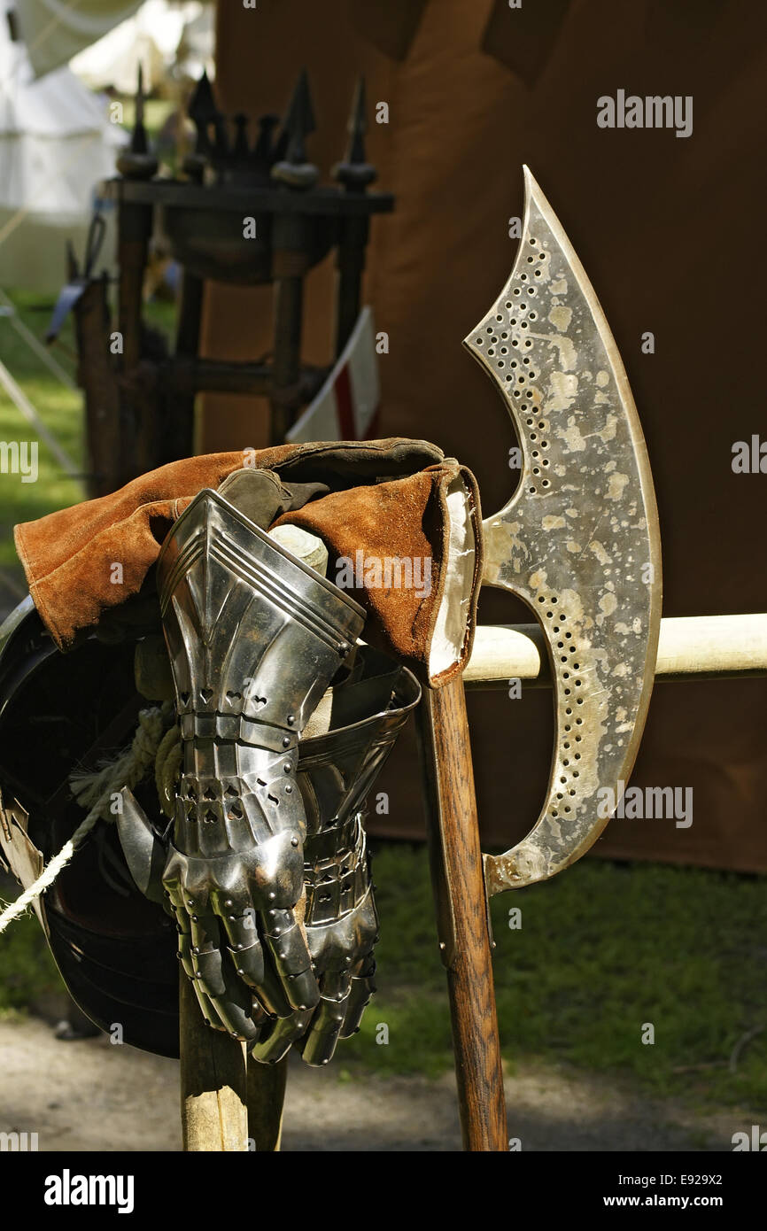 Battle axe from the middle ages and gloves Stock Photo