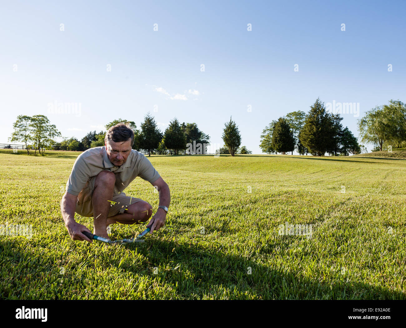 Senior man cutting grass with shears Stock Photo Alamy