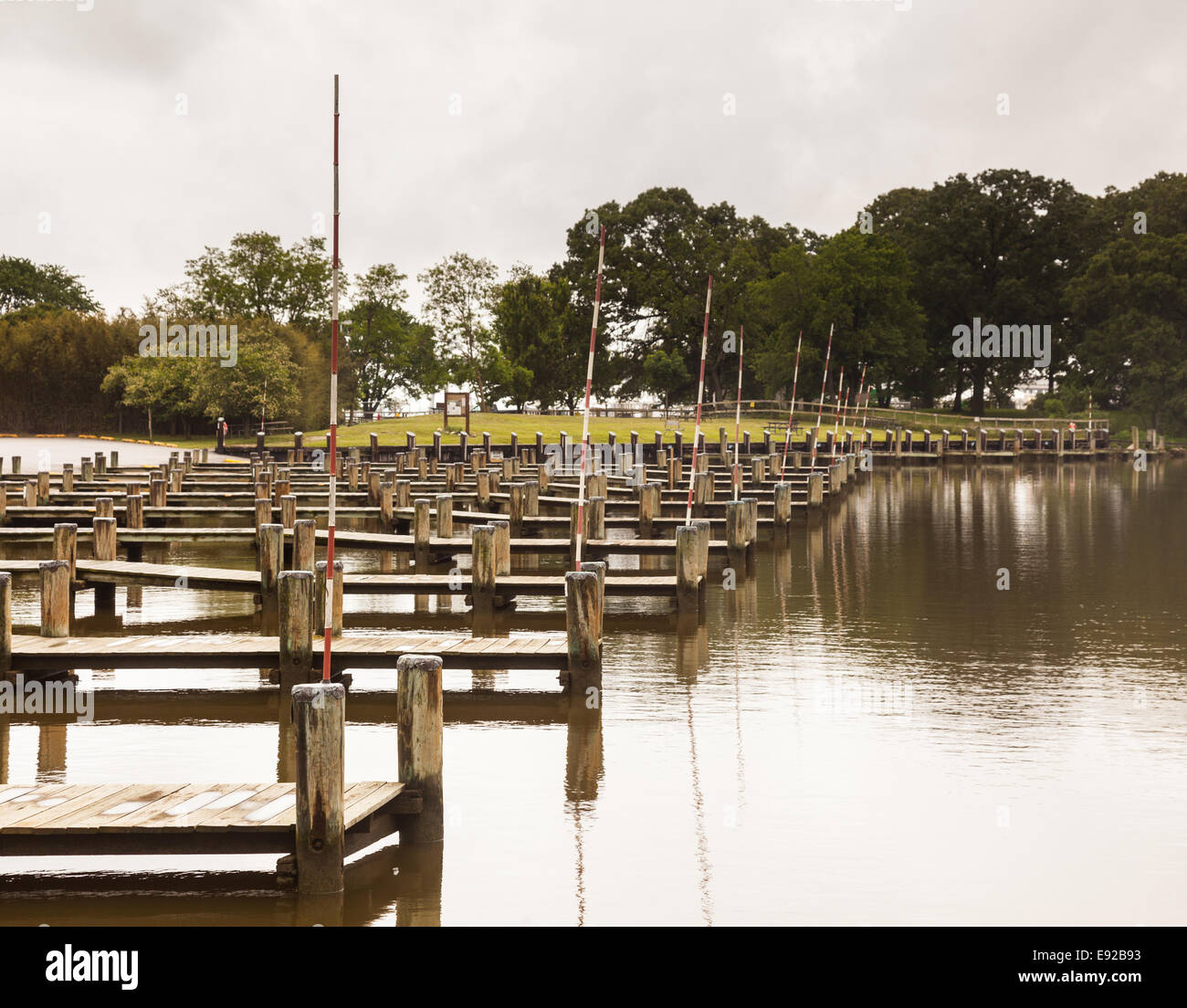 Rows of empty boat dock harbor Stock Photo