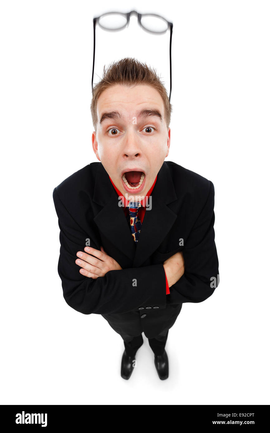 Strongly surprised man's glasses jumping off his head Stock Photo Alamy