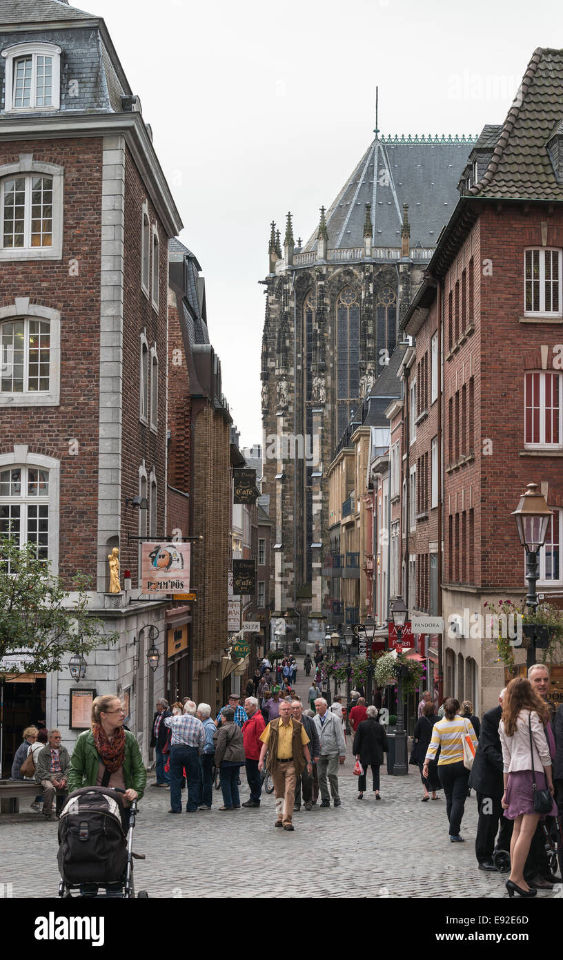 GERMANY,AACHEN - SEPT 29; 2014: People shopping in the streets of Aachen,Aachen is famous because of the dom church next to this Stock Photo