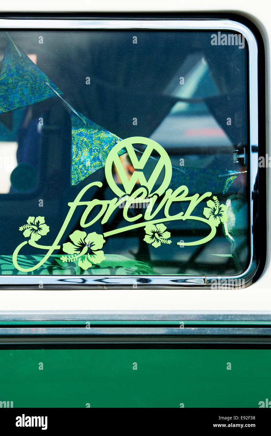 Forever sticker in the window of a VW Volkswagen camper van at a vehicle show. England Stock Photo