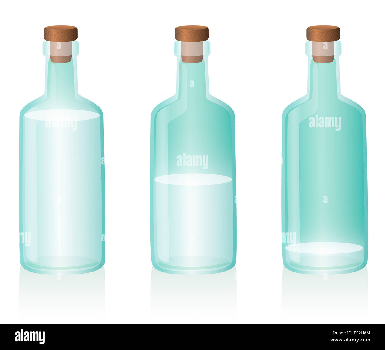 Three glass bottles, the first one is full, the second one is half full, the third one is nearly empty. Stock Photo