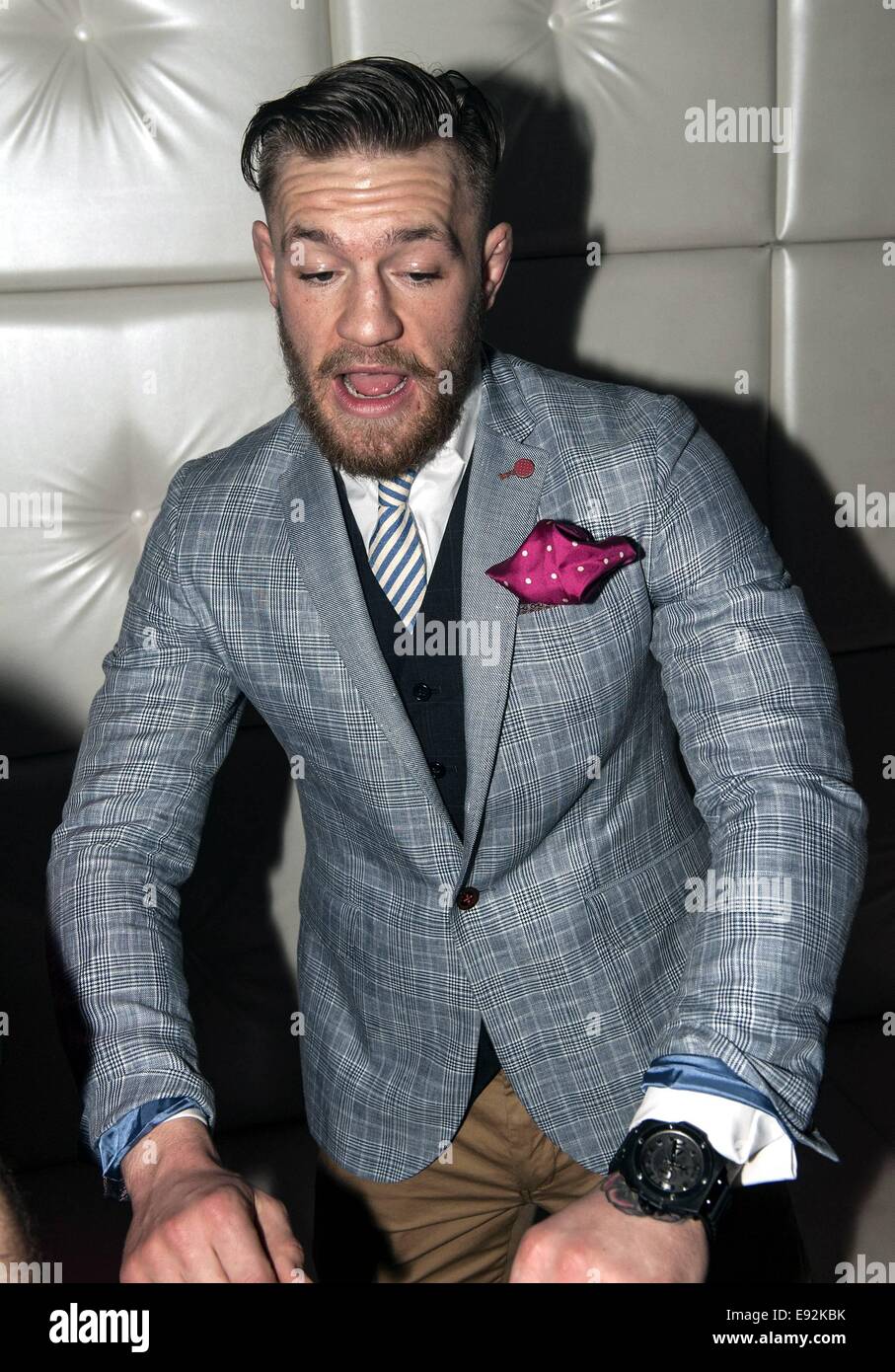 UFC superstar Conor McGregor takes time out from training and recuperation from his knee injury to party at GAA manager Seamus McEnaney's Vanity Nightclub in Carrickmacross with friends and fans...  Featuring: Conor McGregor Where: Dublin, Ireland When: 14 Apr 2014 Stock Photo