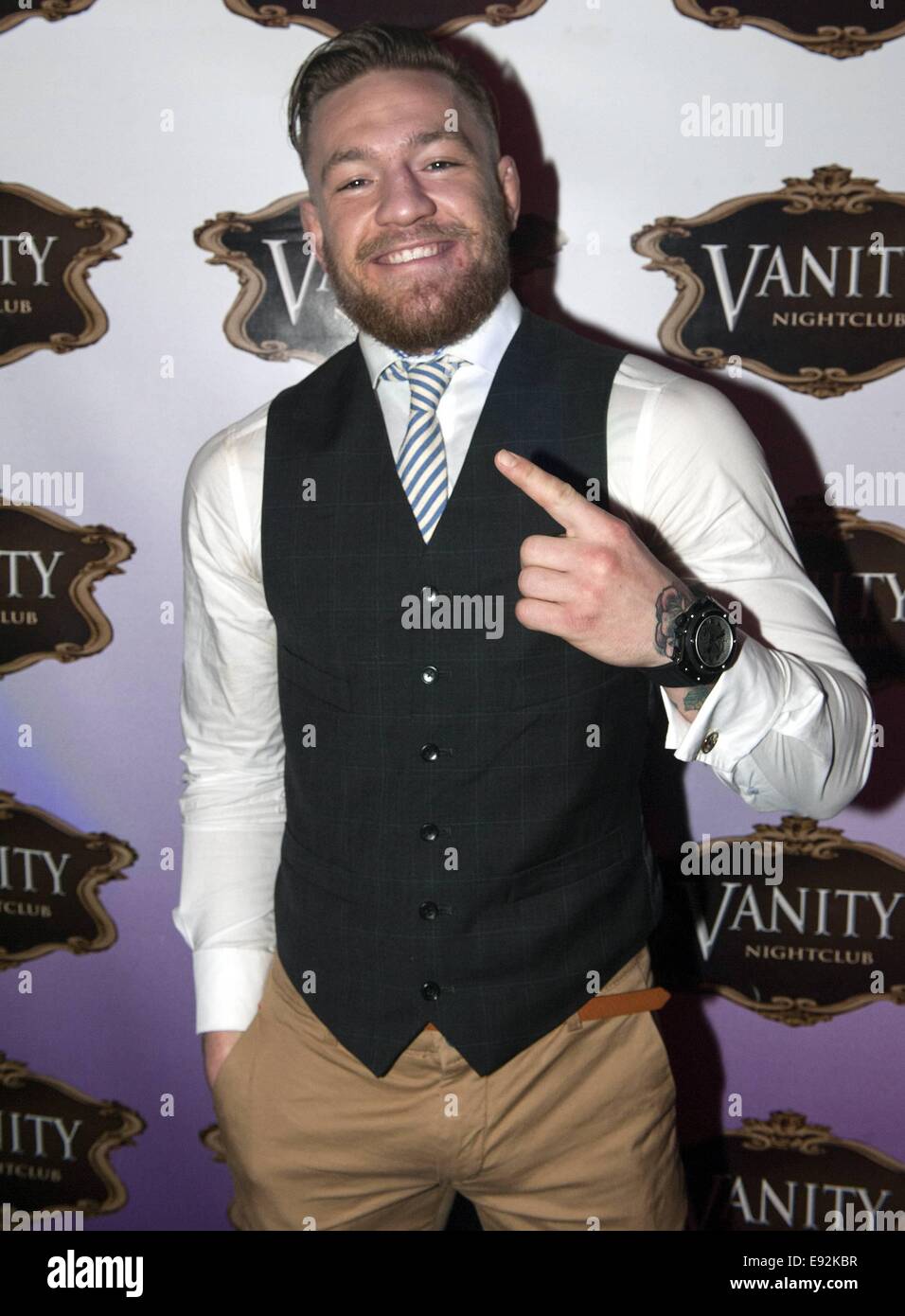 UFC superstar Conor McGregor takes time out from training and recuperation from his knee injury to party at GAA manager Seamus McEnaney's Vanity Nightclub in Carrickmacross with friends and fans...  Featuring: Conor McGregor Where: Dublin, Ireland When: 14 Apr 2014 Stock Photo