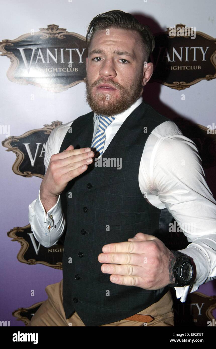 UFC superstar Conor McGregor takes time out from training and recuperation from his knee injury to party at GAA manager Seamus McEnaney's Vanity Nightclub in Carrickmacross with friends and fans...  Featuring: Conor McGregor Where: Dublin, Ireland When: 14 Apr 2014 Stock Photo