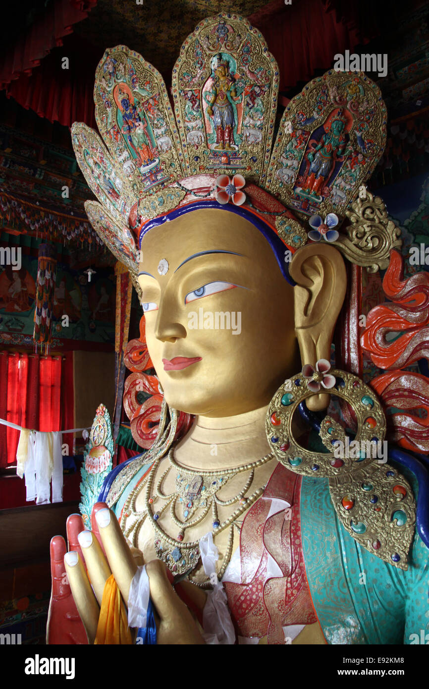 Depiction  of Maitreya Budda at Thiksay Monastery in Ladakh Stock Photo