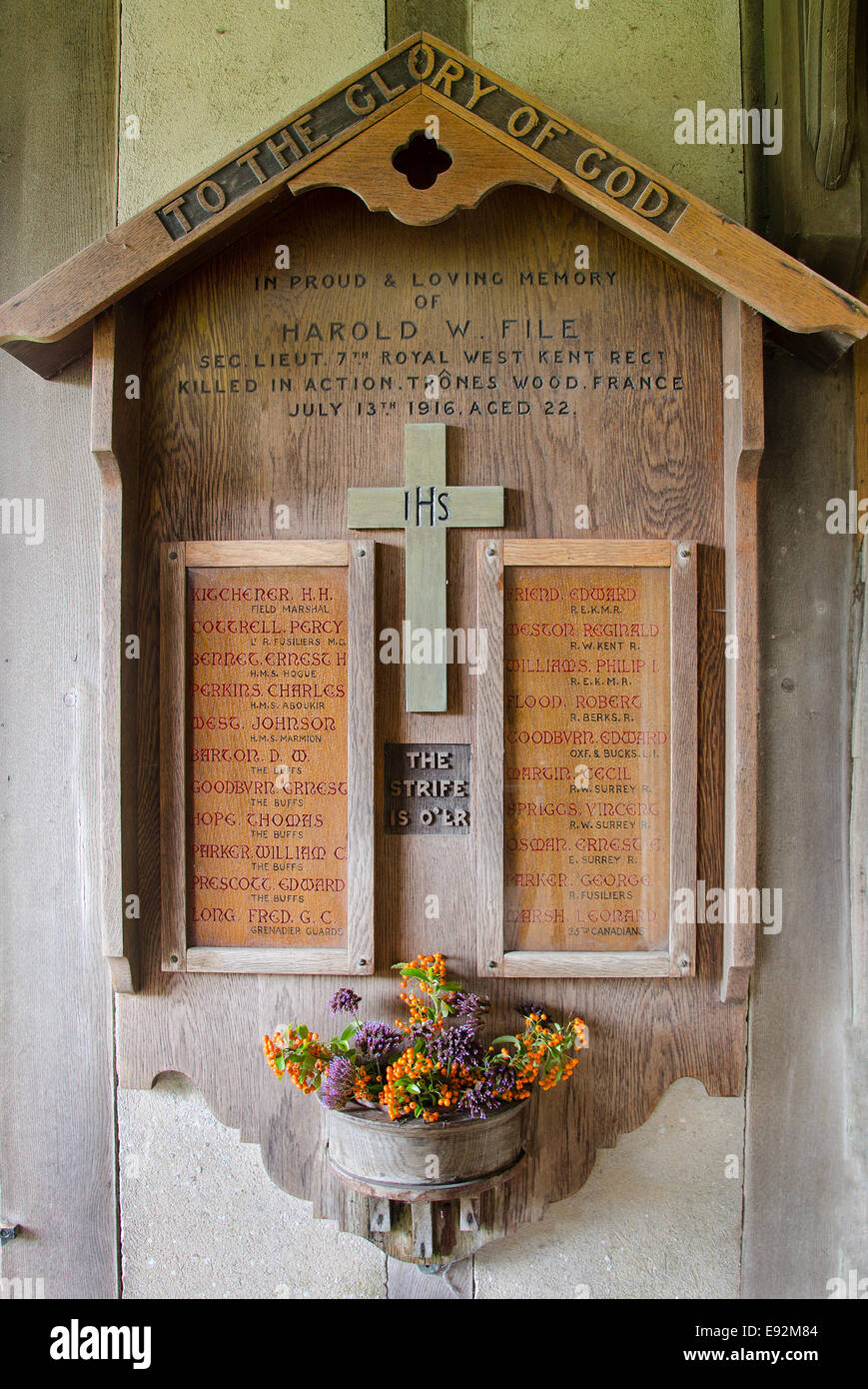 War Memorial in the porch of the Parish Church at Barham Kent, showing the name of Lord Kitchener. Stock Photo