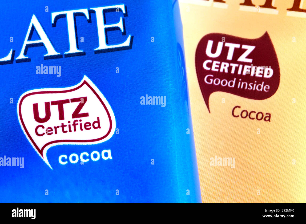 Chocolate bar wrapper with UTZ certification logo - supports sustainable farming Stock Photo