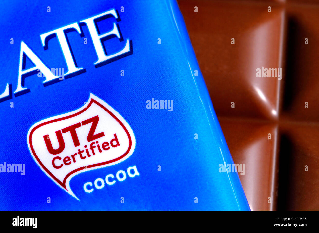 Chocolate bar wrapper with UTZ certification logo - supports sustainable farming Stock Photo