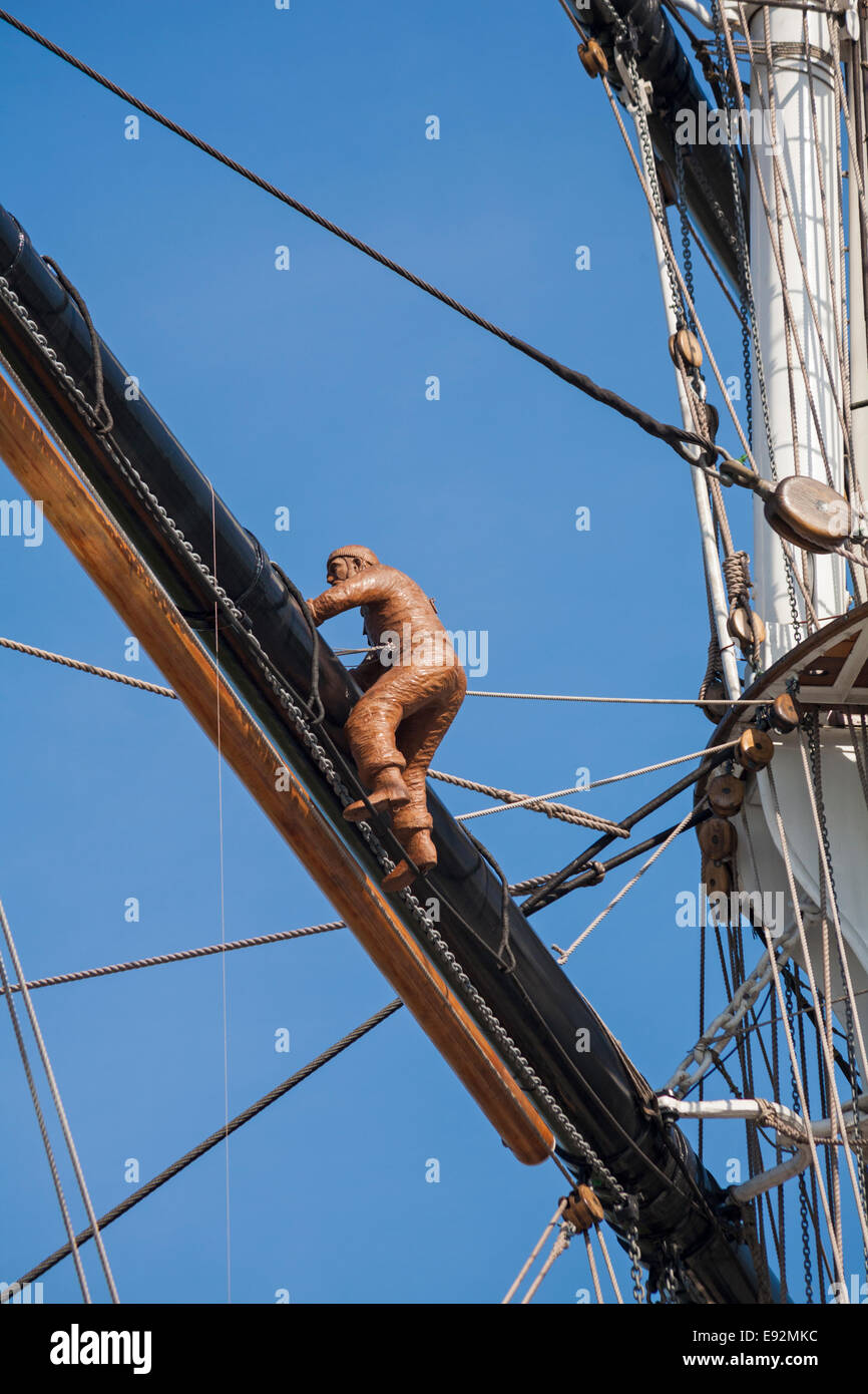 figure on rigging of Cutty Sark at Greenwich, London in September Stock