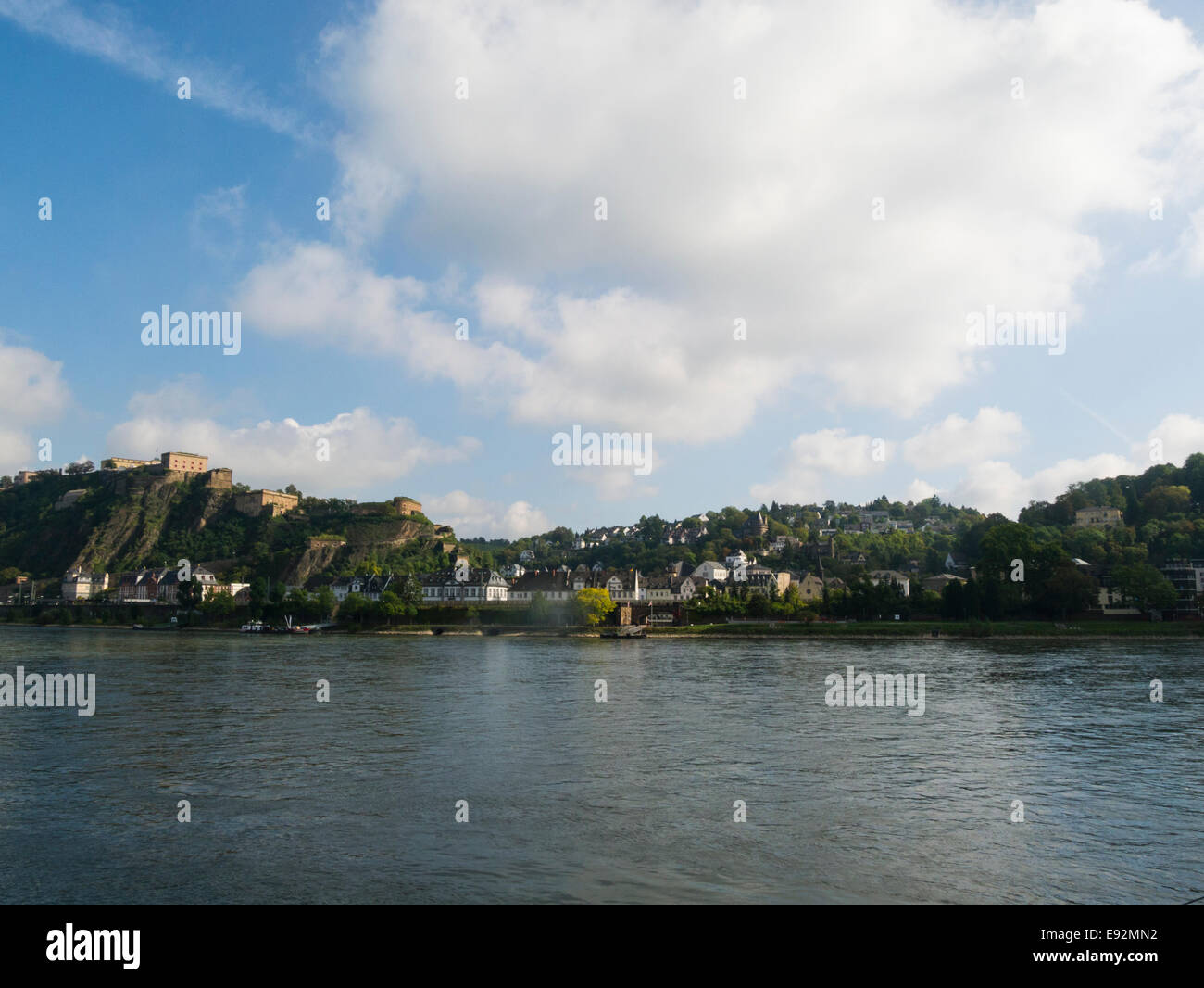View across to right bank of River Rhine to Ehrenbreitstein fortress Koblenz suburb from Koblenz old city Stock Photo