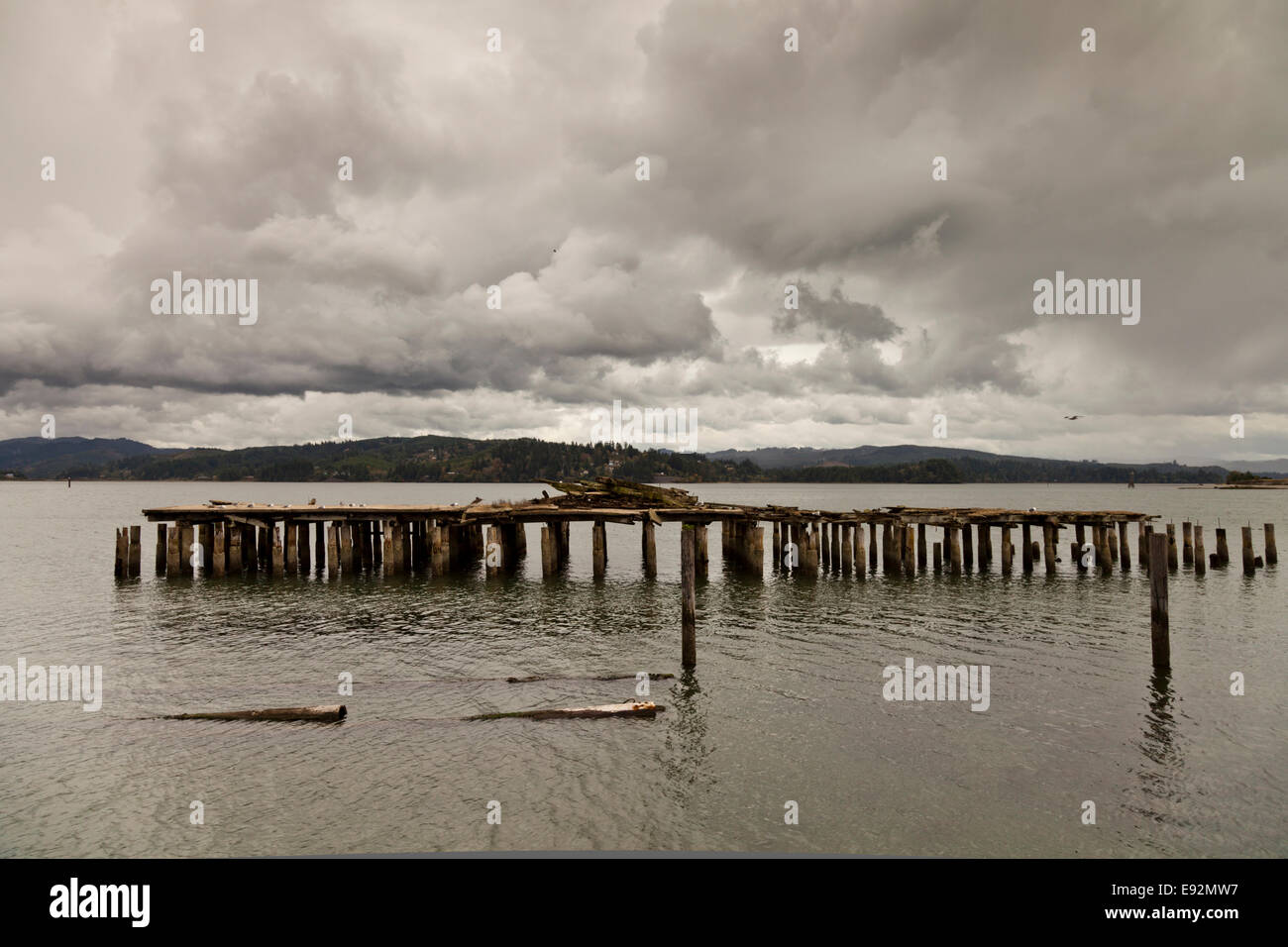 Wooden jetty in Coos Bay at North Bend Coos County Oregon United States Stock Photo