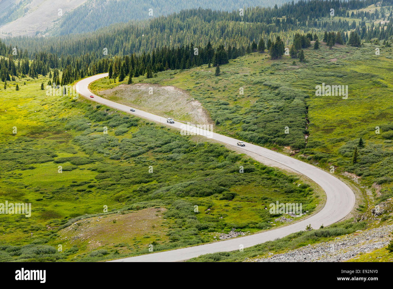 Large curving S-shape bend in road climbing to top of Cottonwood Pass in Colorado, USA Stock Photo