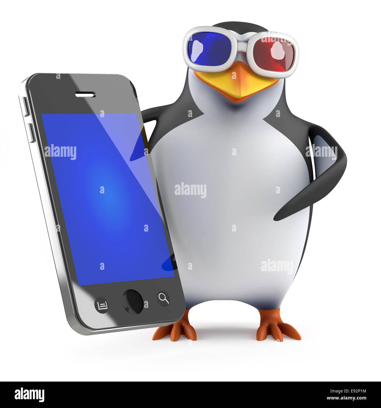 3d render of a penguin wearing 3d glasses holding a smartphone Stock Photo