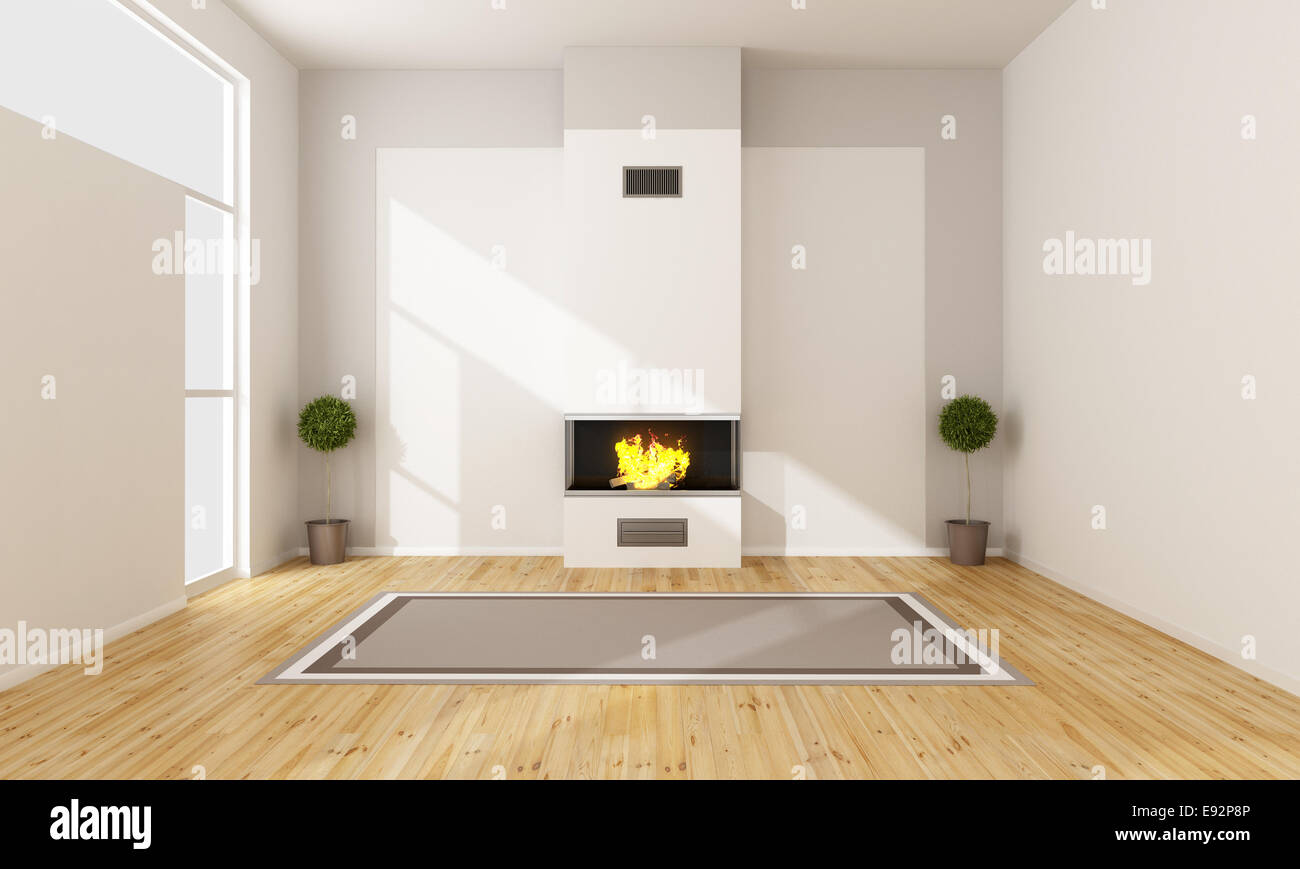Minimalist room with contemporary fireplace - 3D rendering Stock Photo